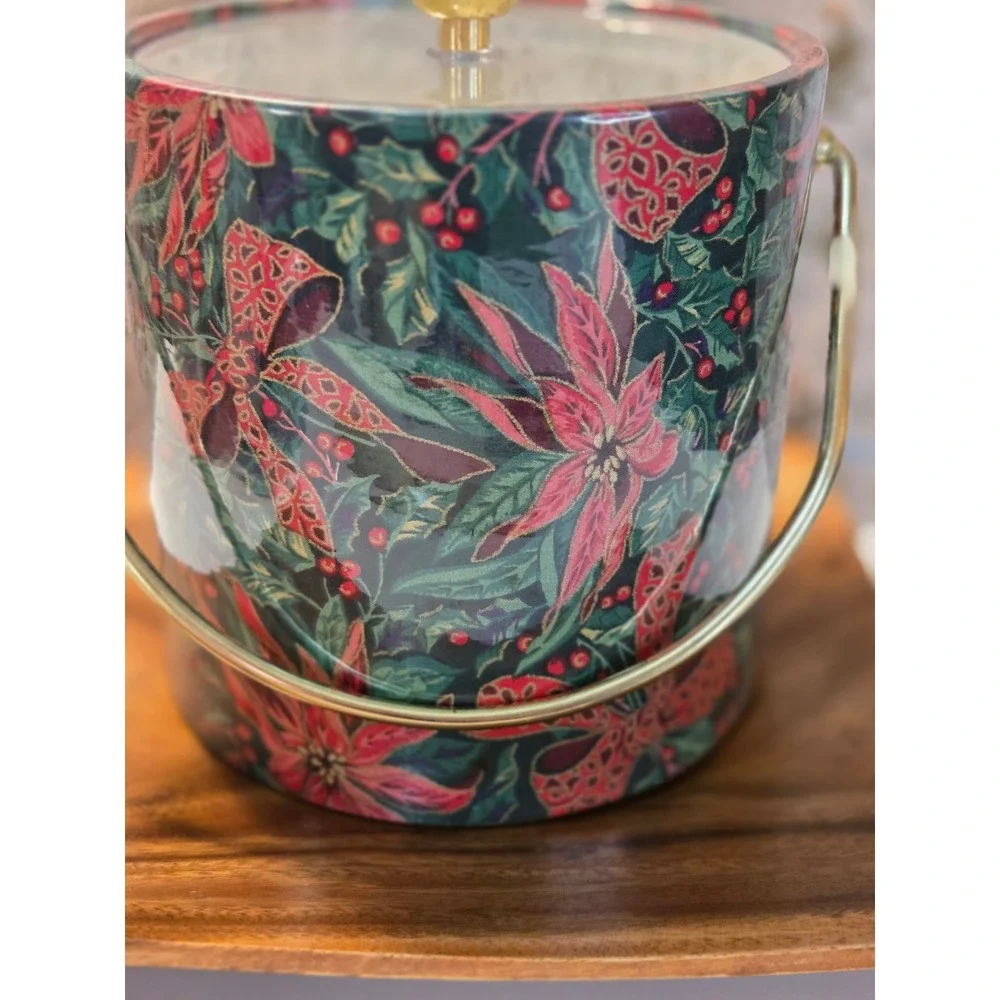 Vintage Kraftware Christmas Poinsettia Ice Bucket with Brass Lid knob and Handle